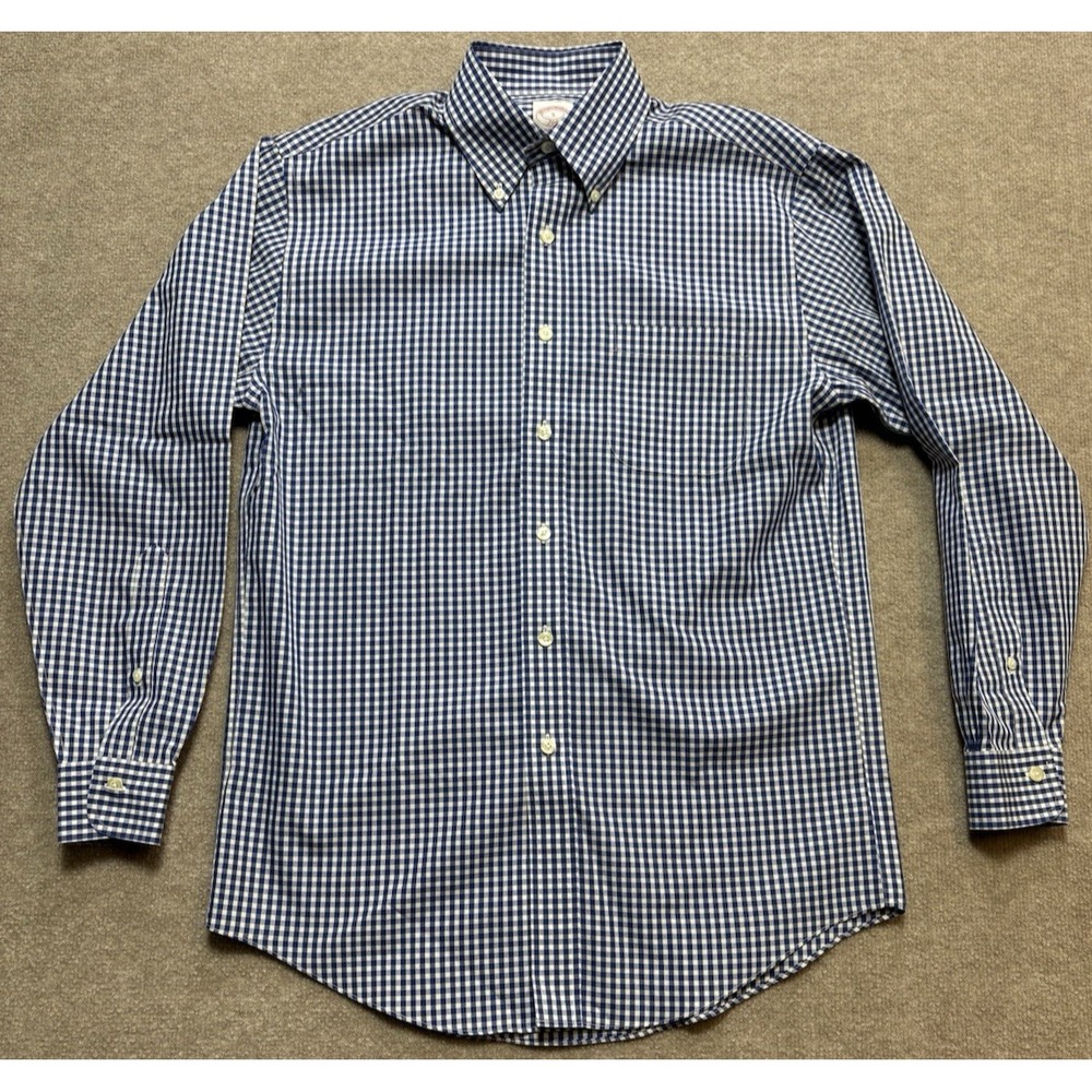 Brooks Brothers Shirt Small 346 100% Cotton White Blue Plaid Summer Shirt EUC